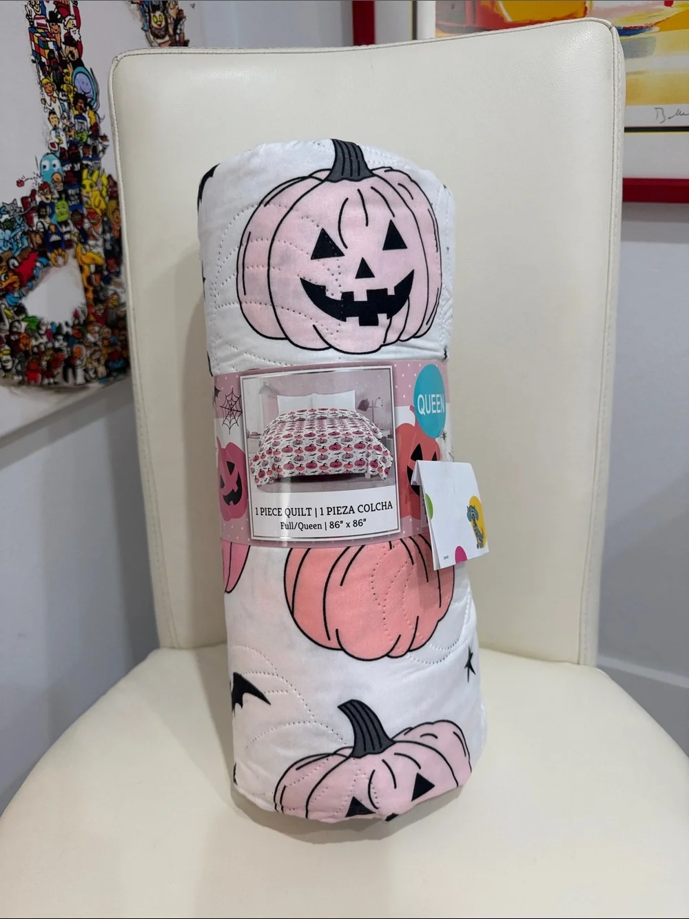 Halloween White/Pink /Black Pumpkin & Stars Print Full/Queen Quilt